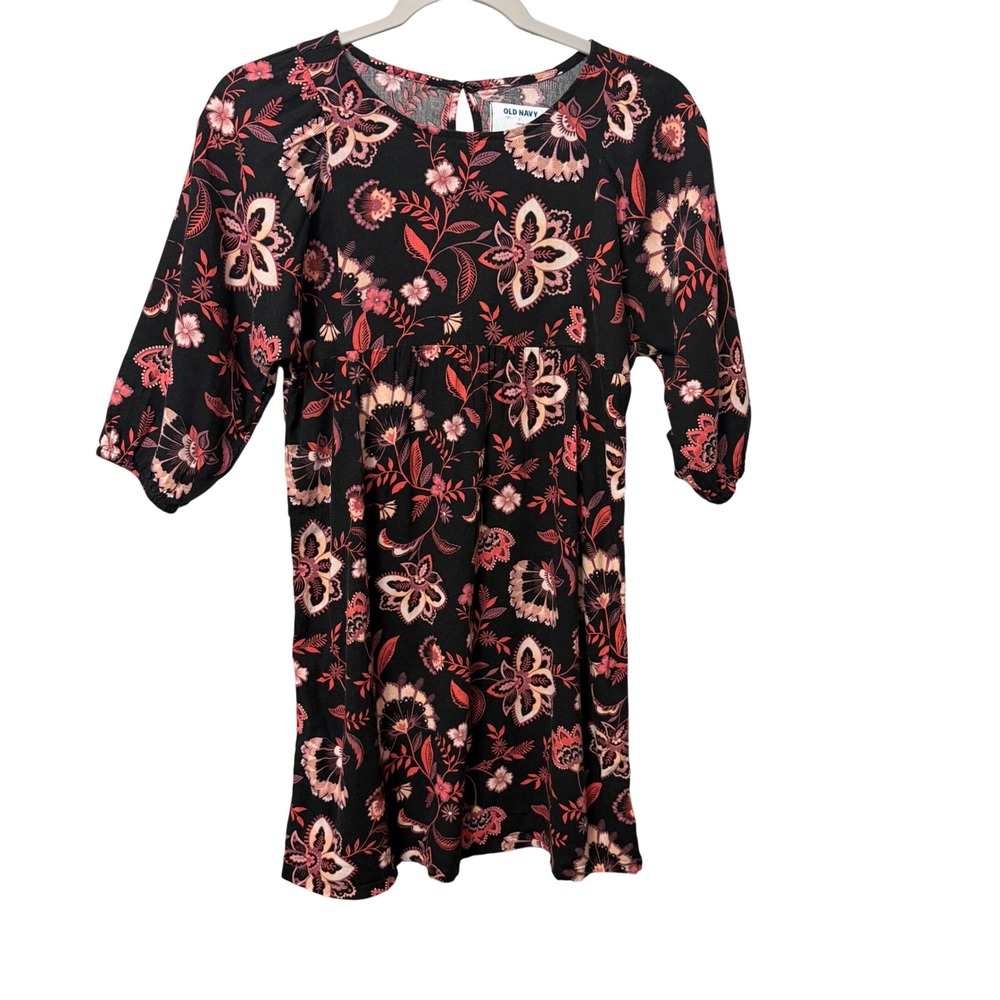 Old Navy Girls Large Floral Babydoll Dress Black Pink 3/4 Sleeve Cotton Mix